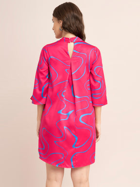 Satin Abstract Print Shift Dress - Fuchsia And Blue