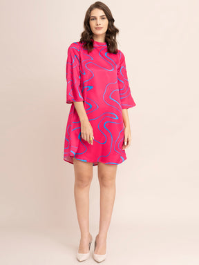 Satin Abstract Print Shift Dress - Fuchsia And Blue