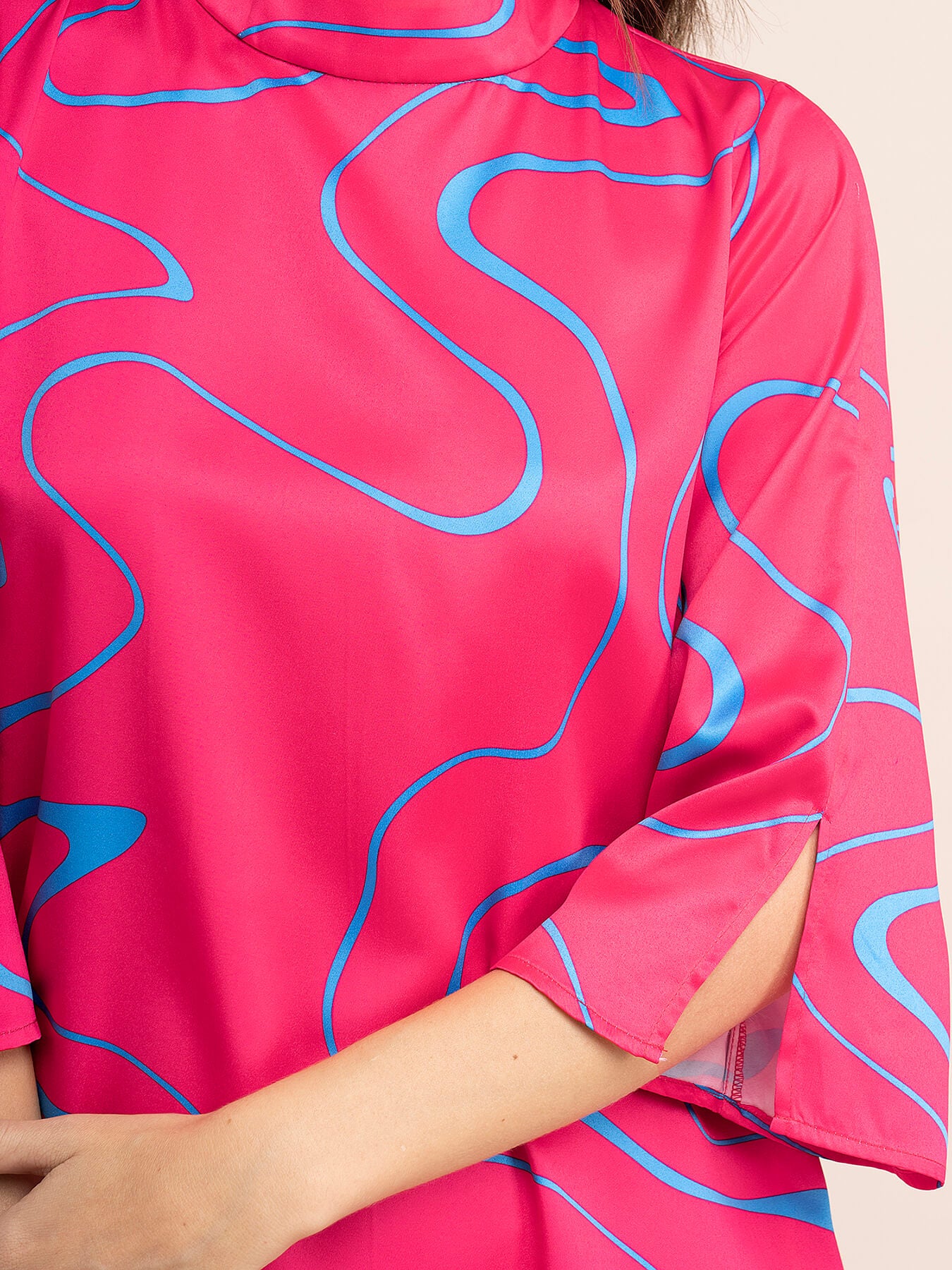 Satin Abstract Print Shift Dress - Fuchsia And Blue