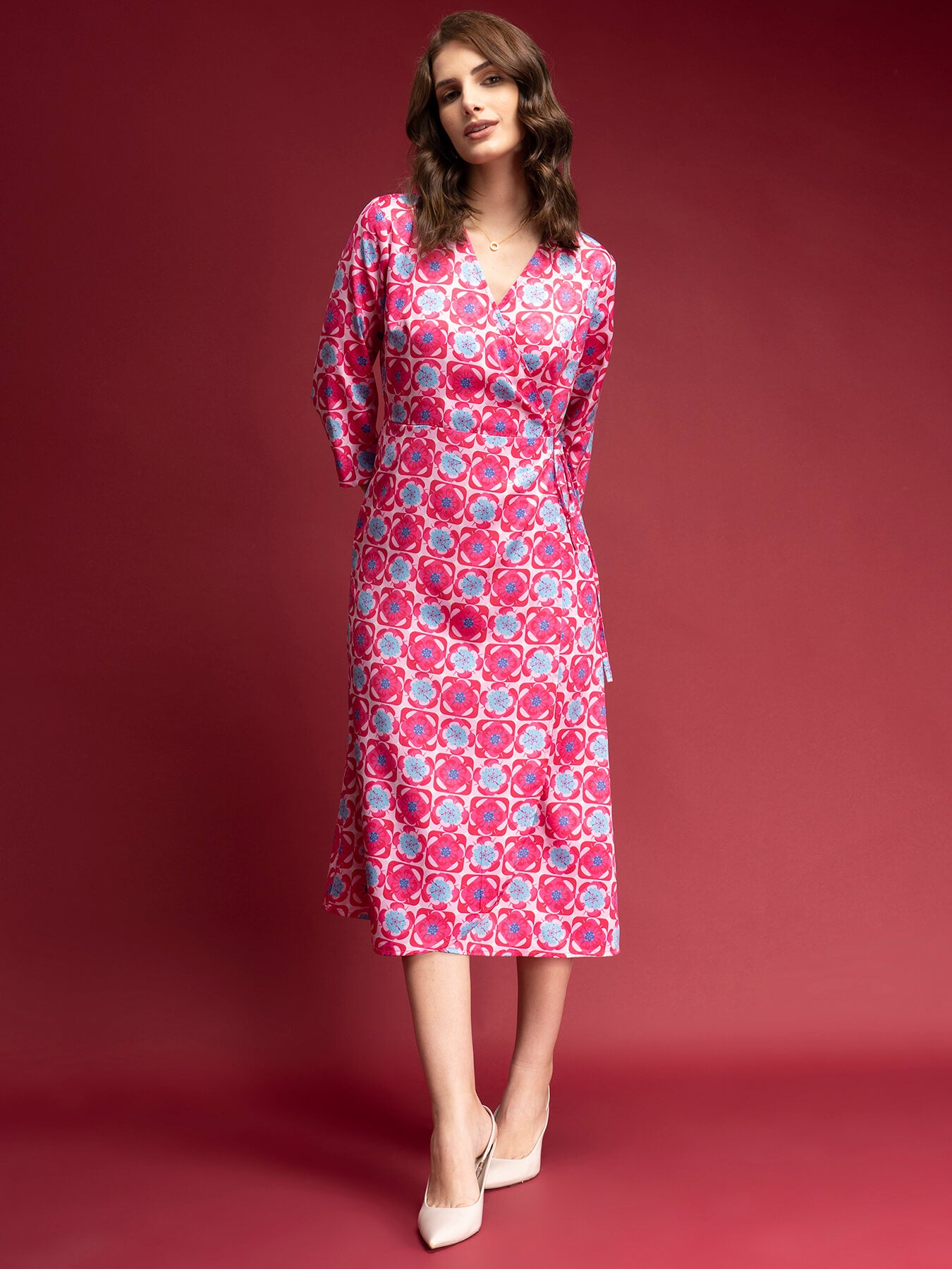 Satin Floral Print Wrap Dress - Fuchsia