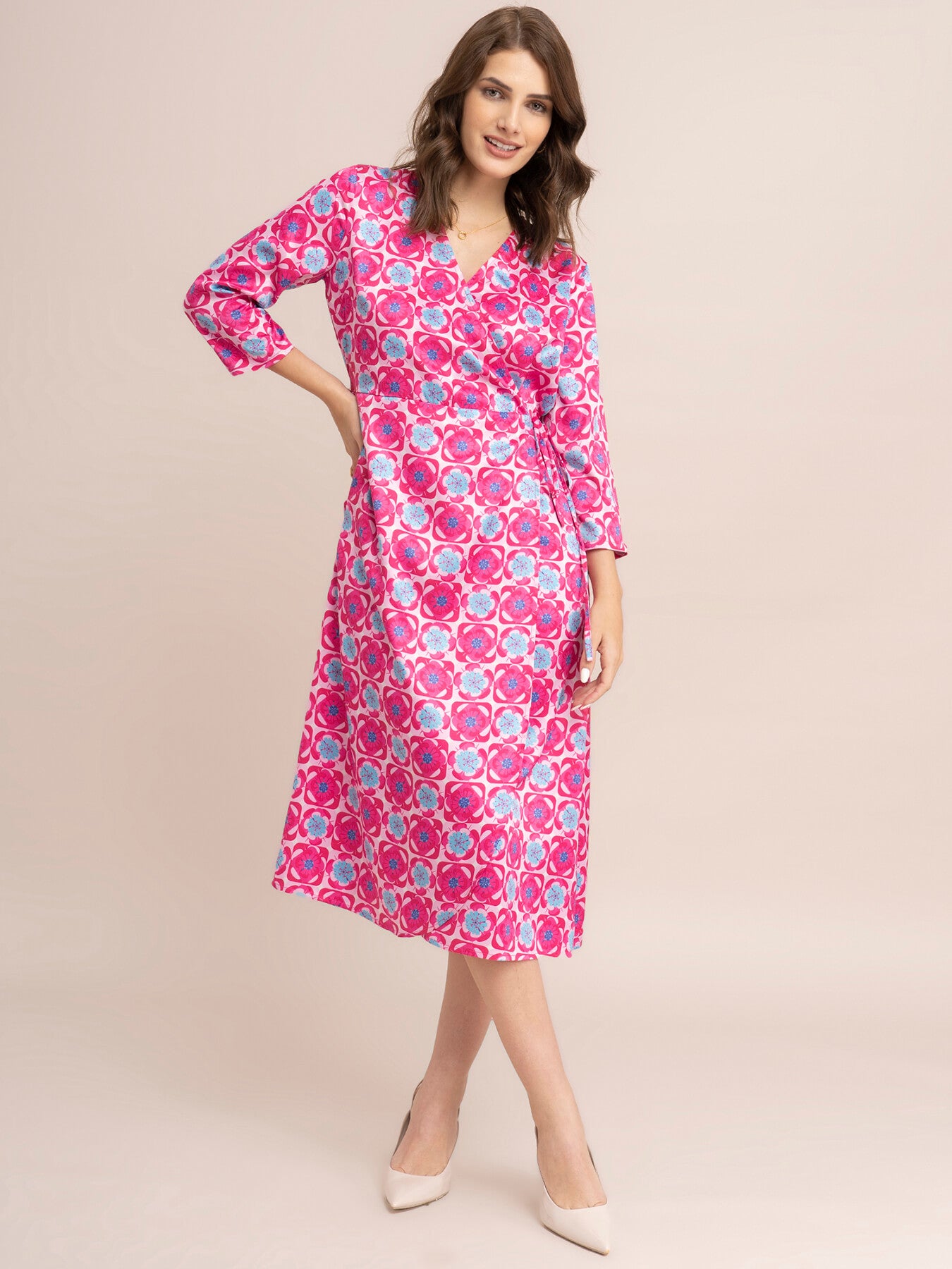 Satin Floral Print Wrap Dress - Fuchsia