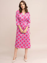 Satin Floral Print Wrap Dress - Fuchsia