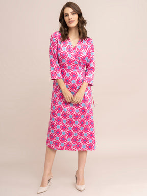 Satin Floral Print Wrap Dress - Fuchsia