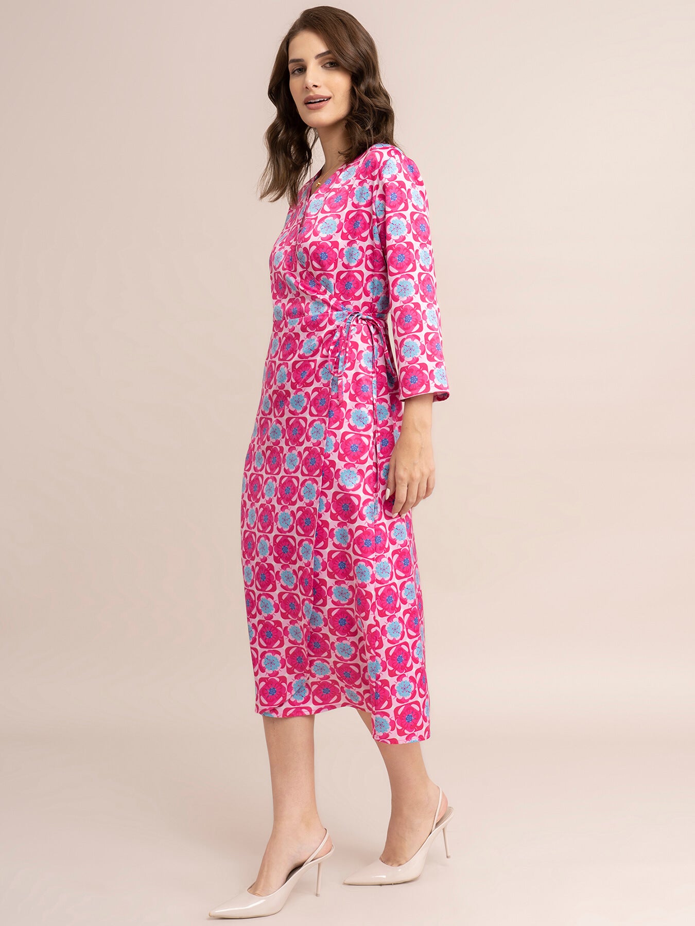 Satin Floral Print Wrap Dress - Fuchsia