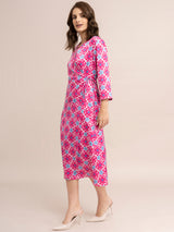 Satin Floral Print Wrap Dress - Fuchsia