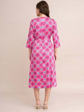 Satin Floral Print Wrap Dress - Fuchsia