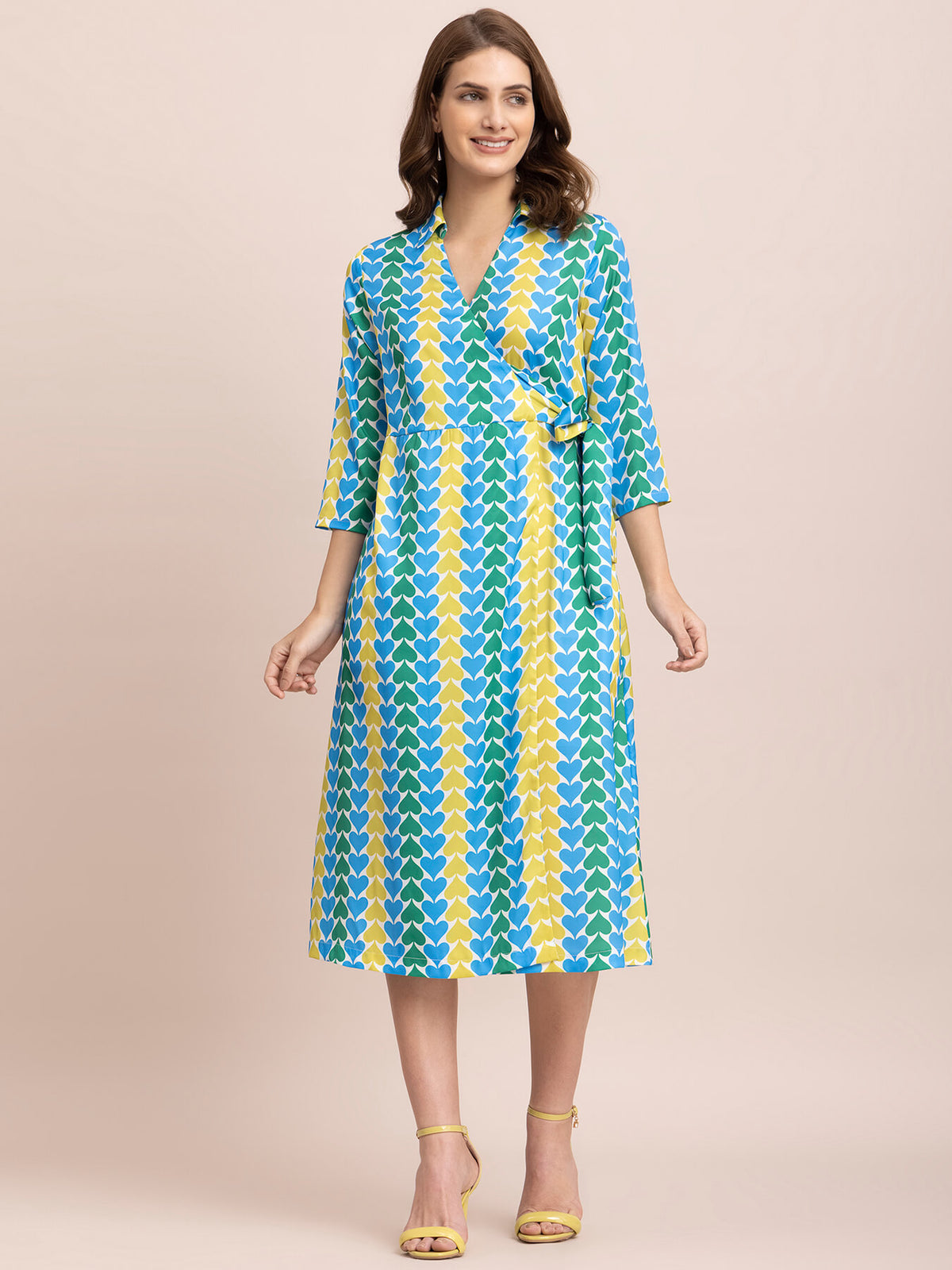 Satin Spade Print Wrap Dress - Blue