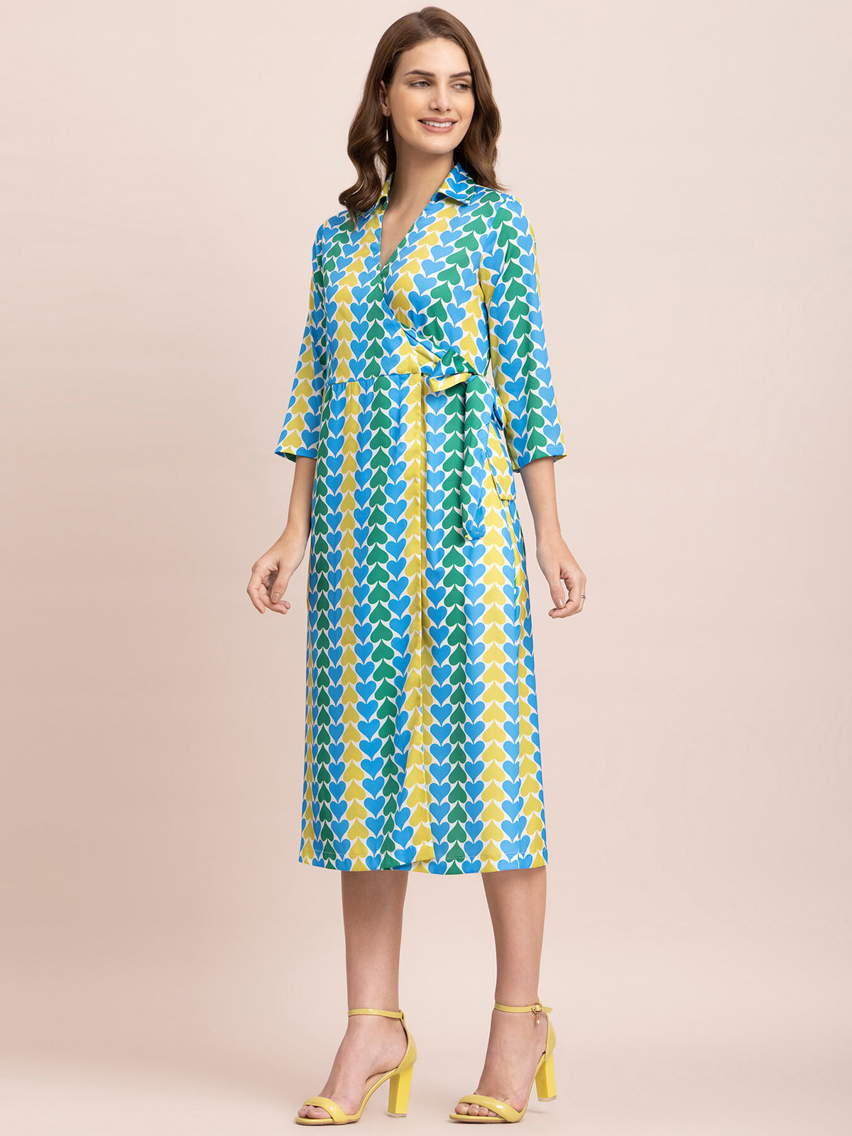 Satin Spade Print Wrap Dress - Blue