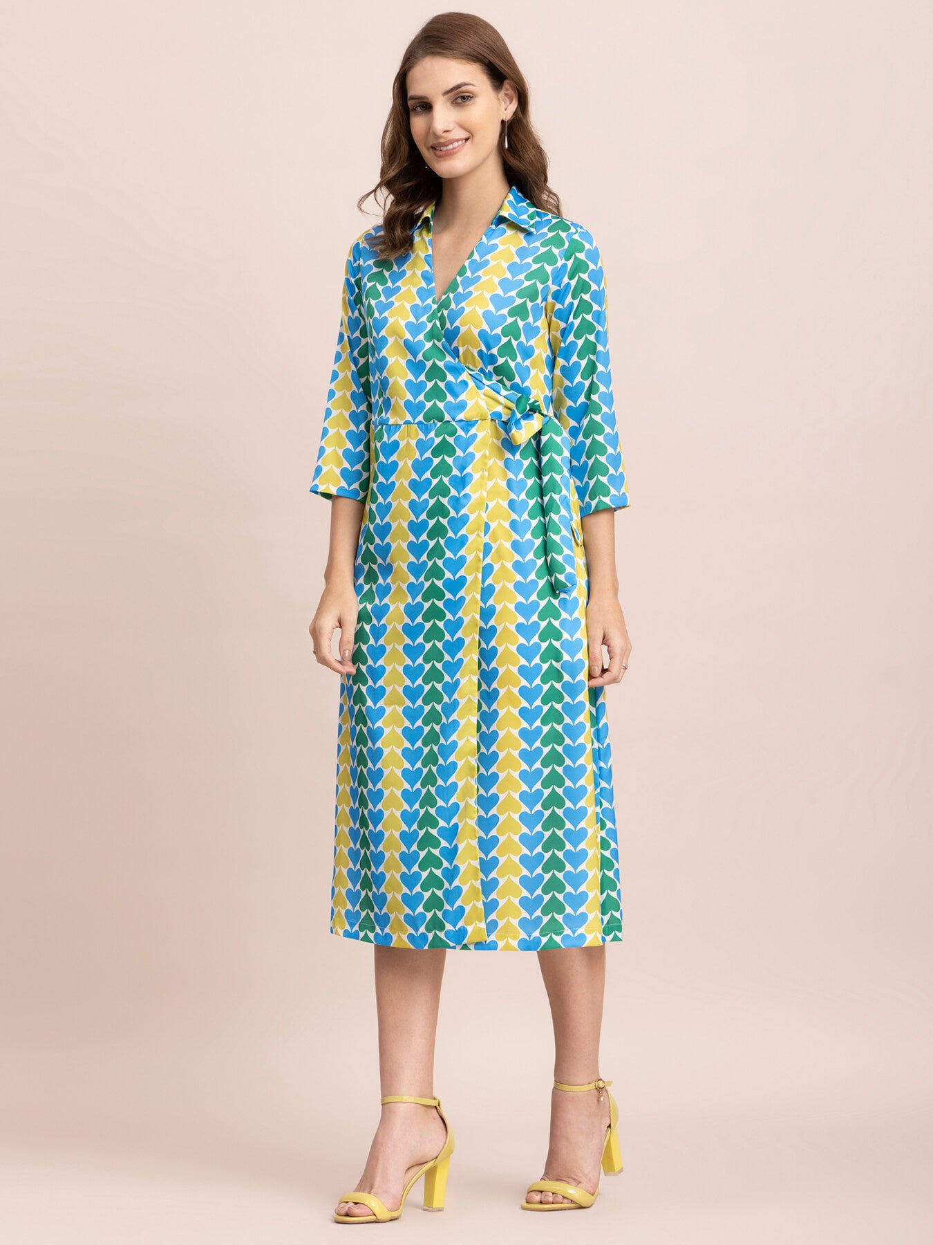 Satin Spade Print Wrap Dress - Blue