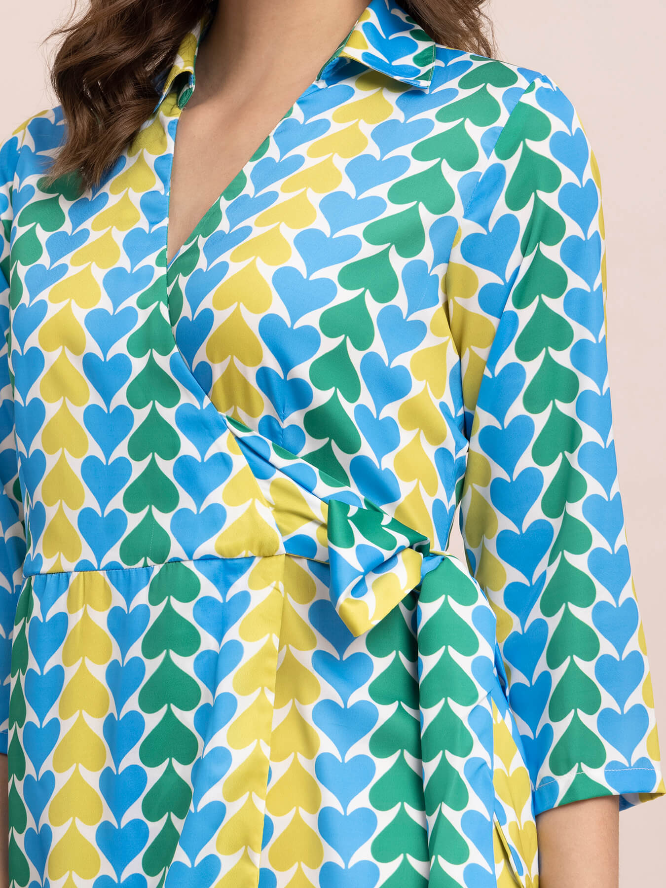 Satin Spade Print Wrap Dress - Blue