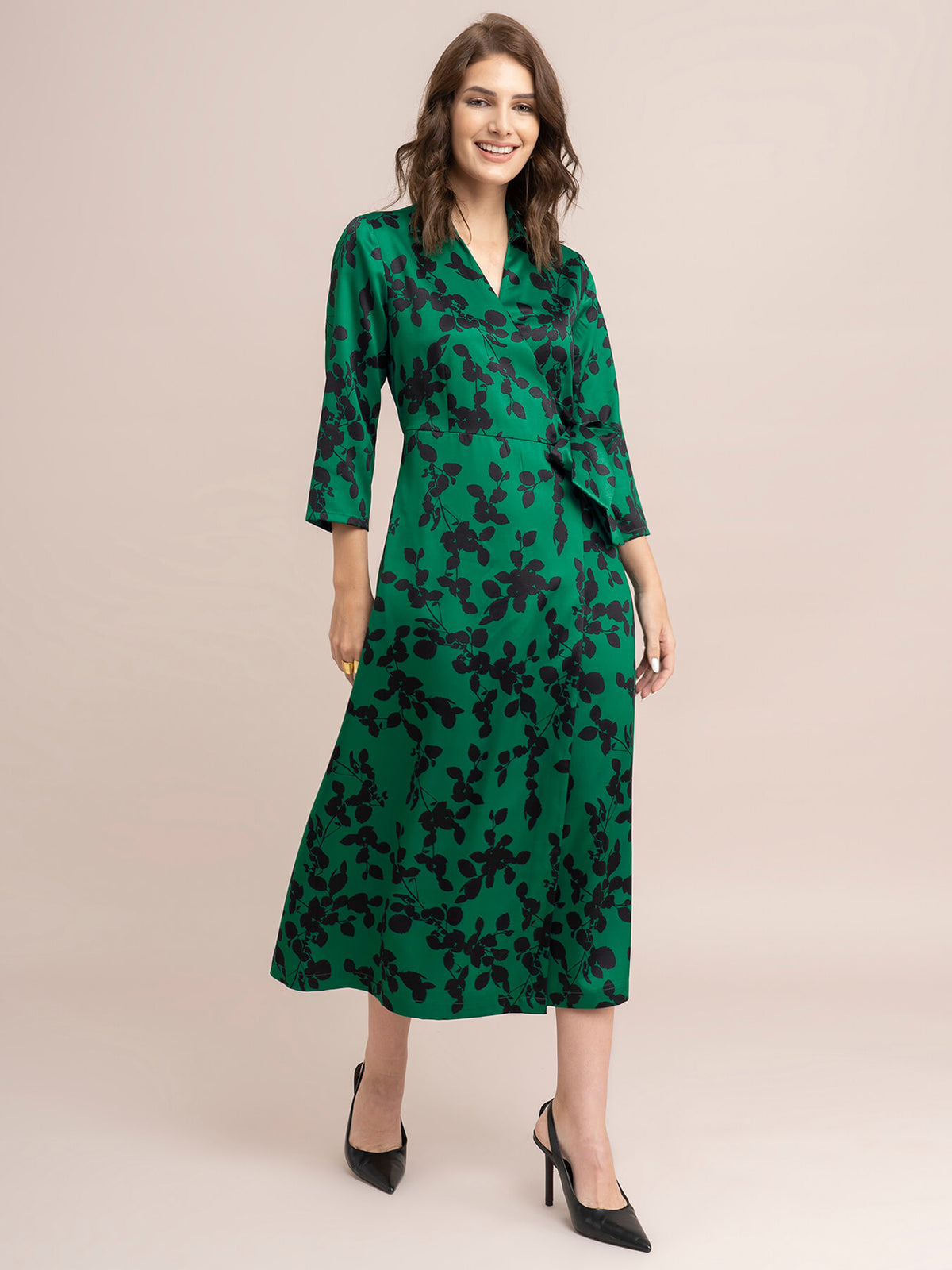 Satin Floral Print Wrap Dress - Green And Black