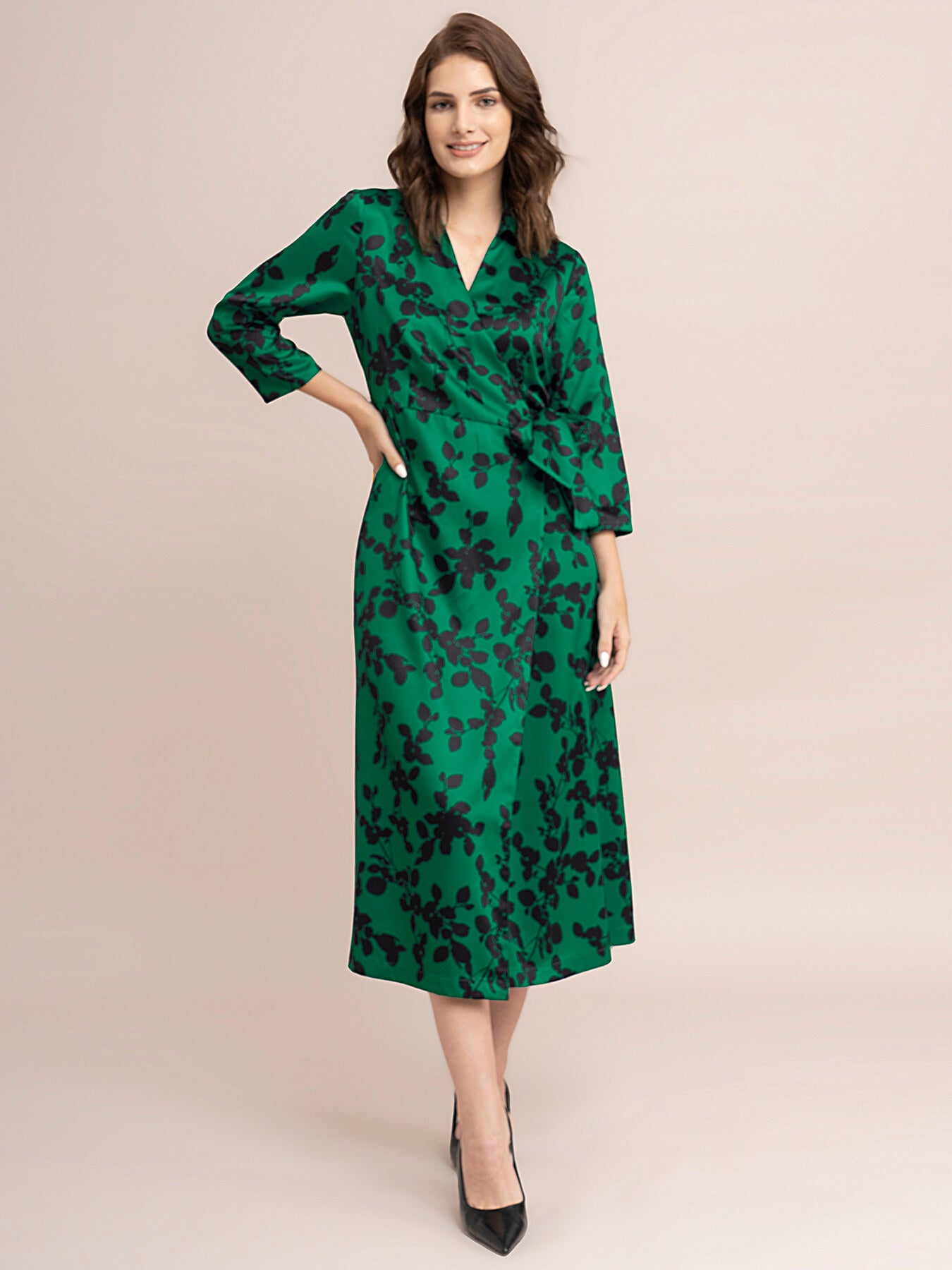 Satin Floral Print Wrap Dress - Green And Black