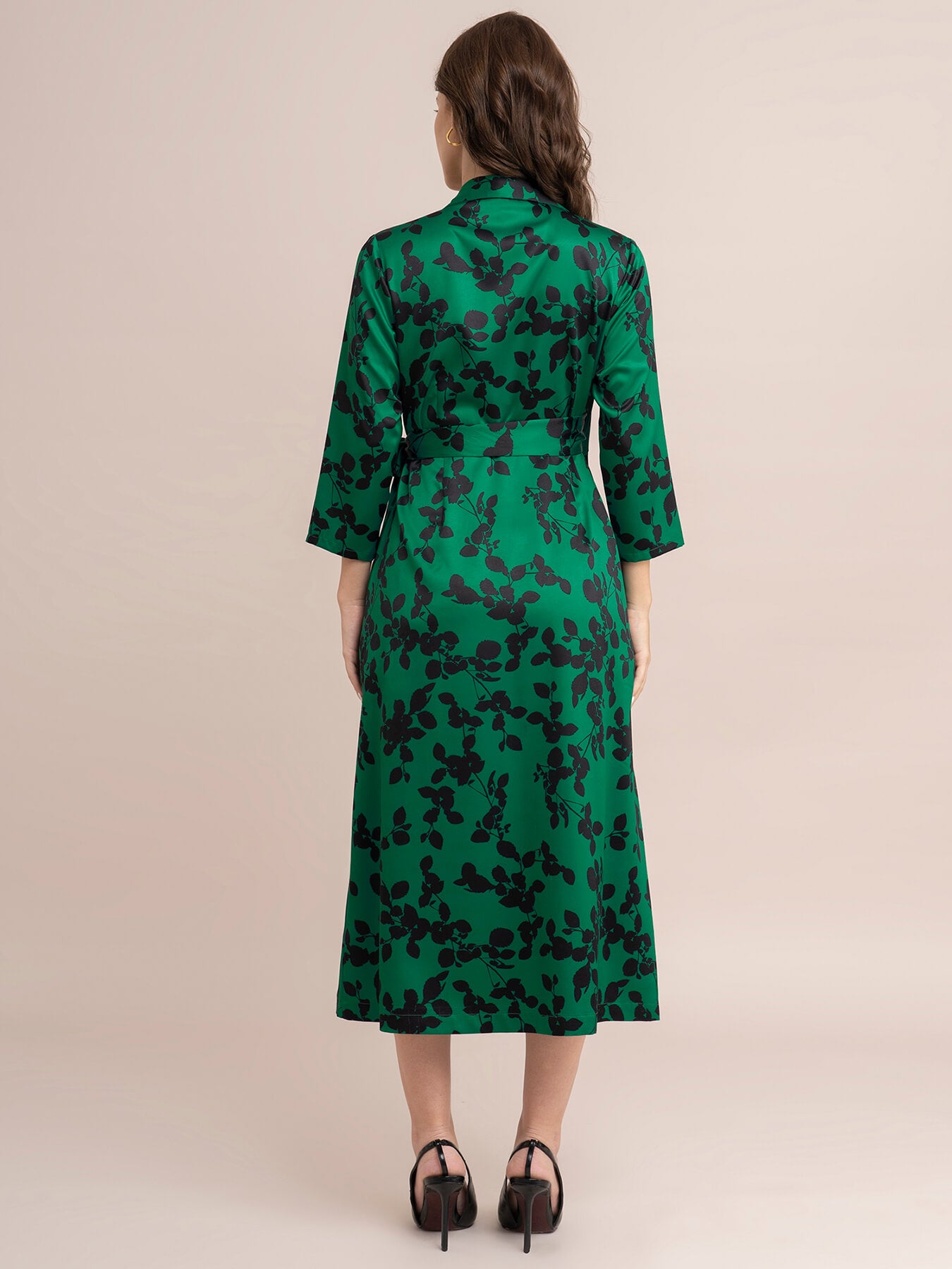 Satin Floral Print Wrap Dress - Green And Black