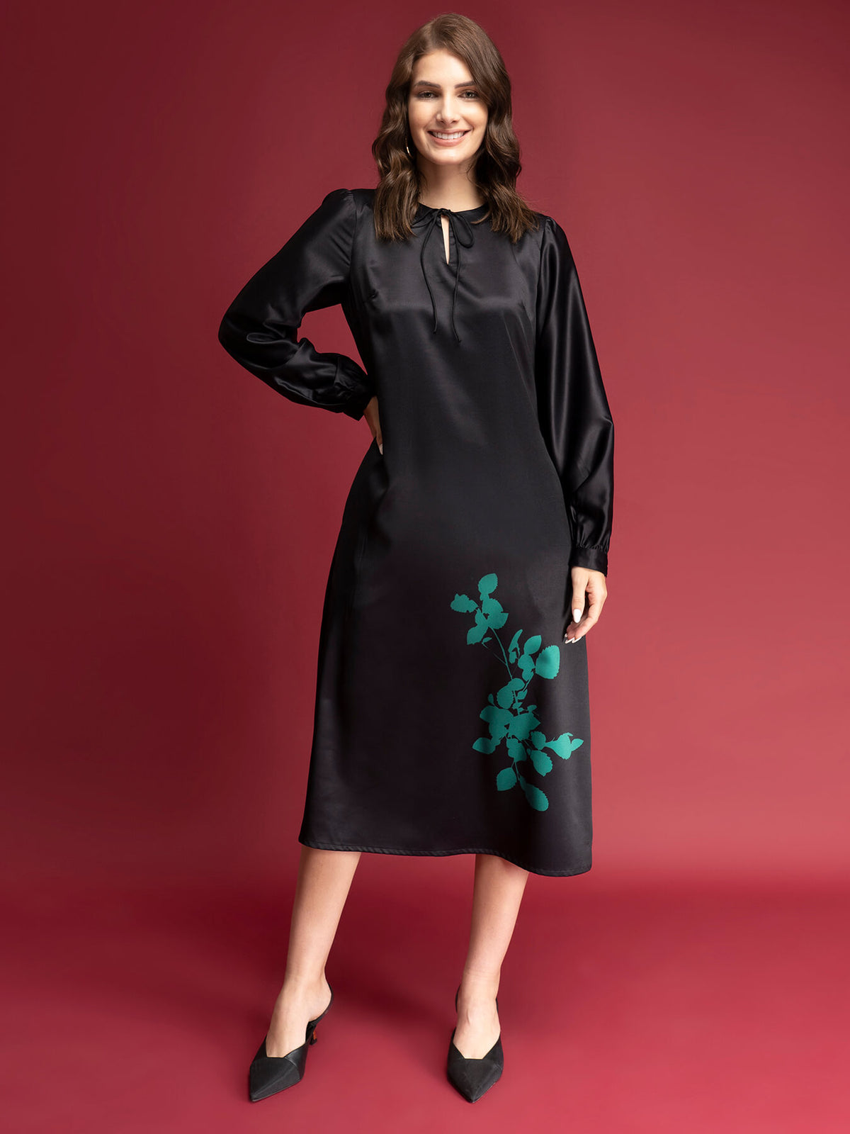 Satin Floral Print A-Line Dress - Black And Green