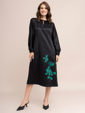 Satin Floral Print A-Line Dress - Black And Green