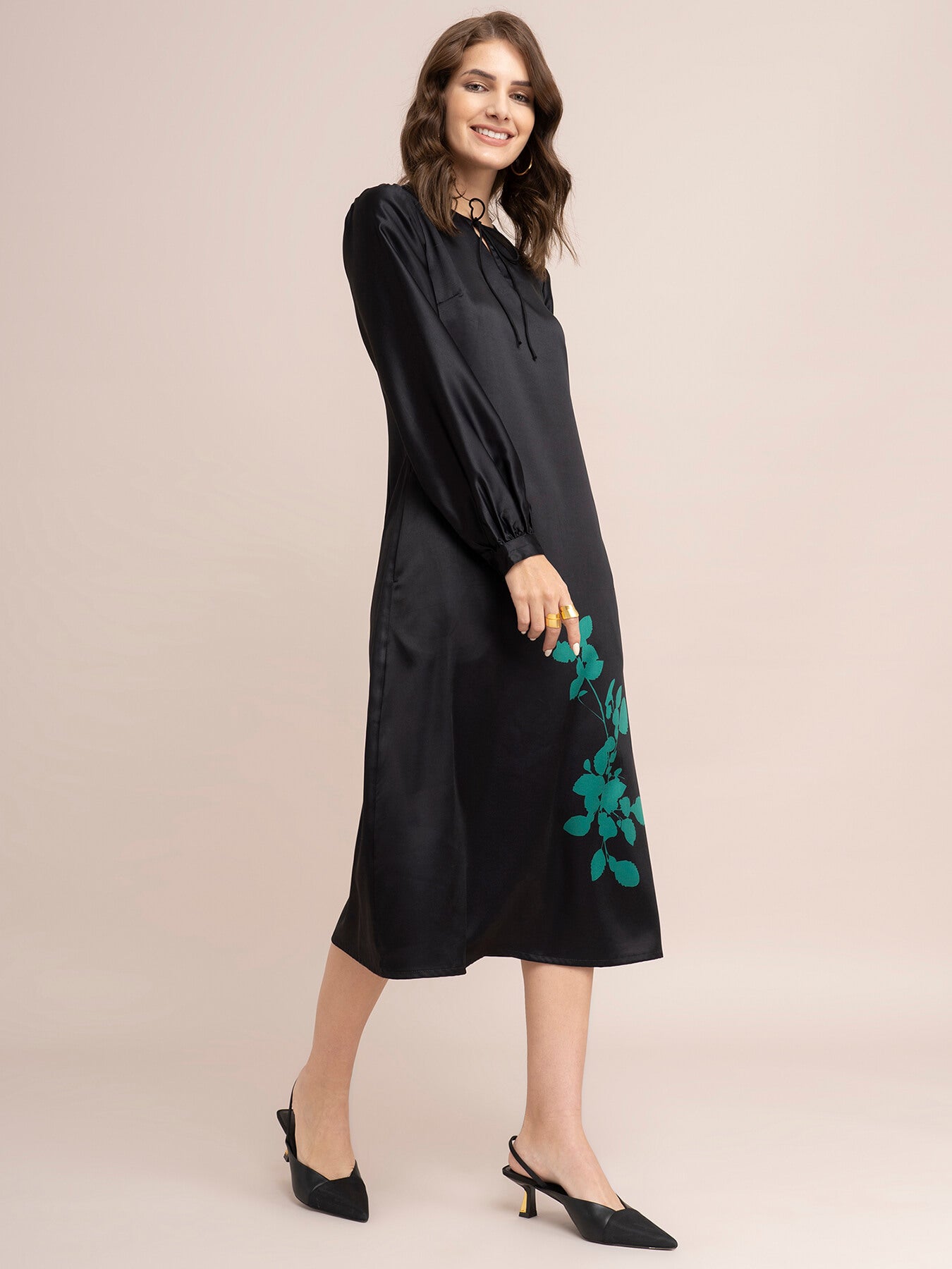 Satin Floral Print A-Line Dress - Black And Green