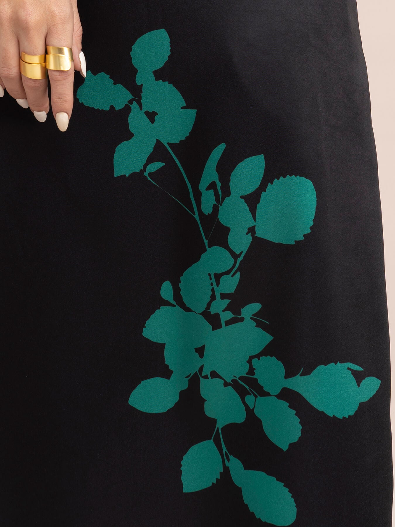 Satin Floral Print A-Line Dress - Black And Green