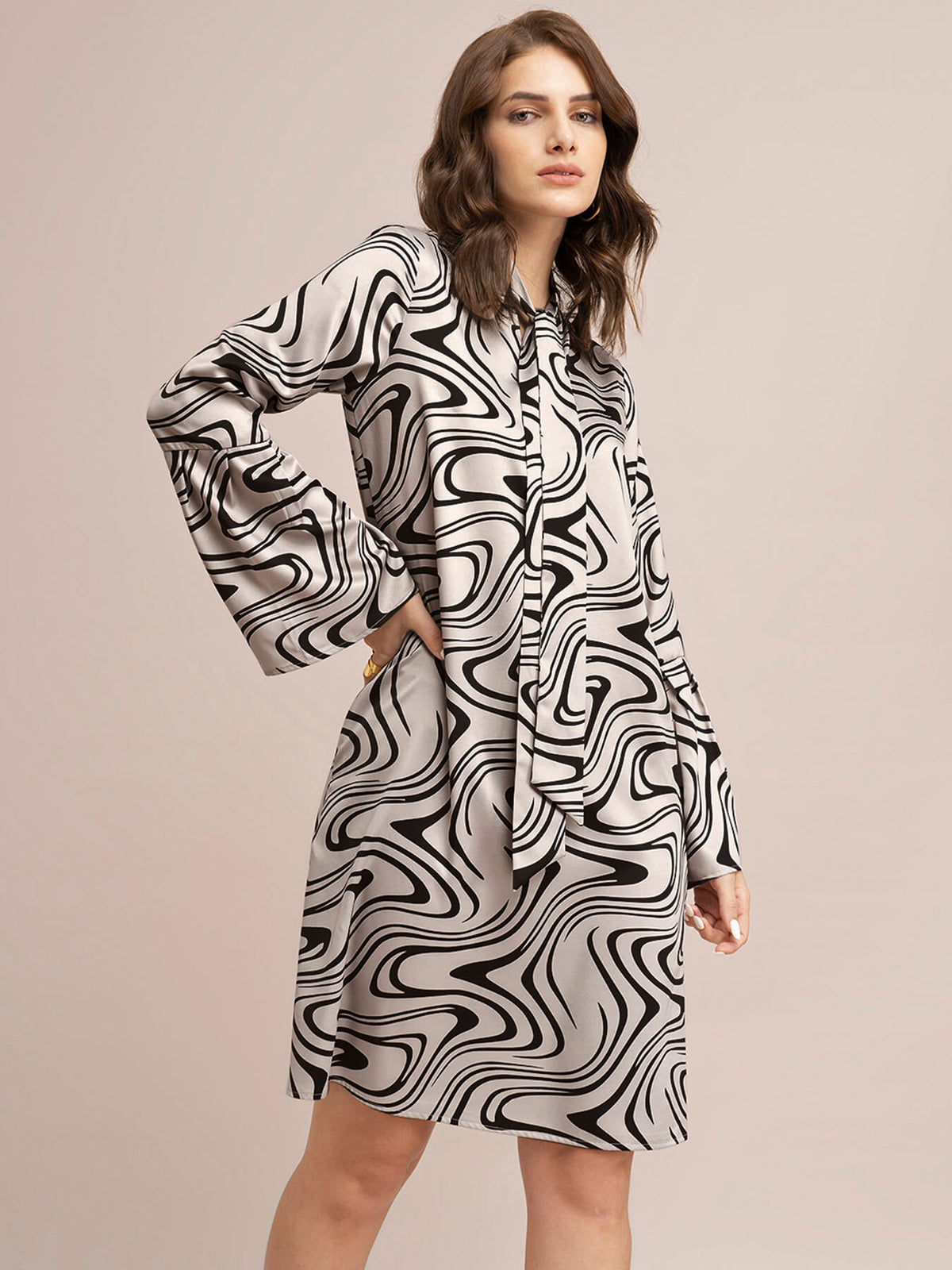 Satin Abstract Print Shift Dress - Beige And Black