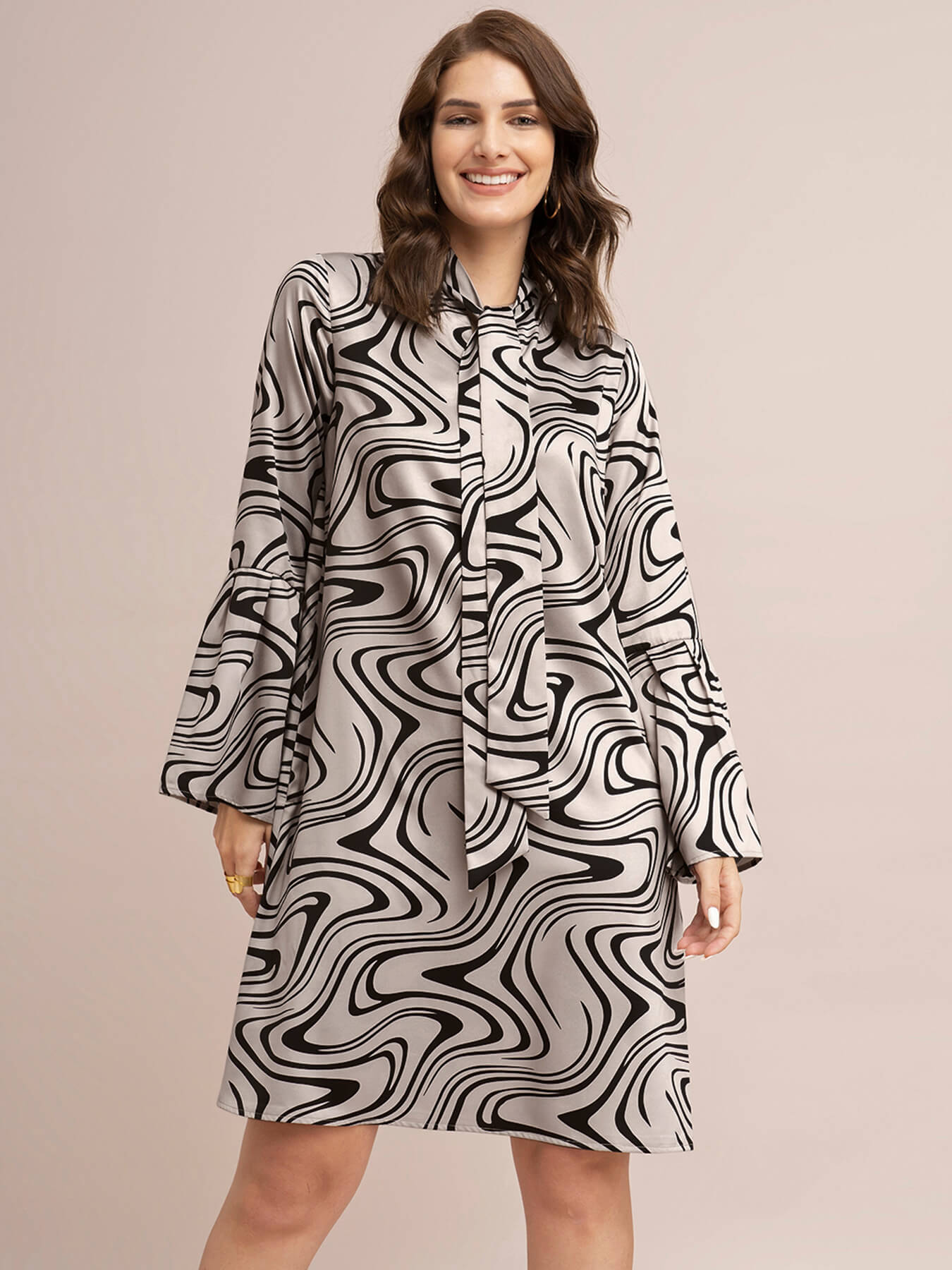 Satin Abstract Print Shift Dress - Beige And Black