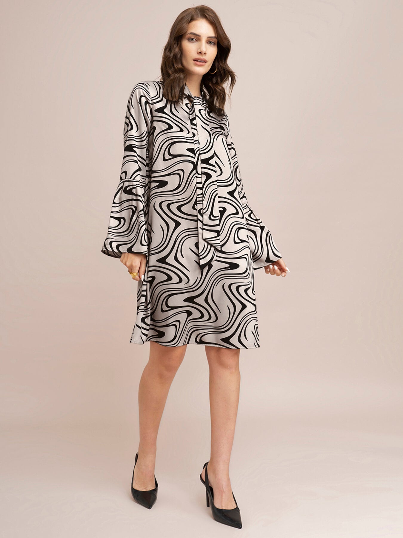 Satin Abstract Print Shift Dress - Beige And Black