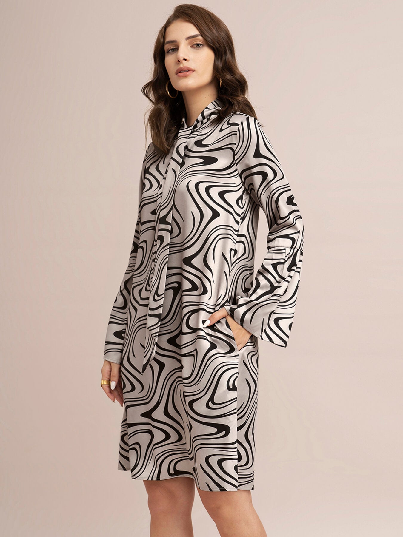 Satin Abstract Print Shift Dress - Beige And Black