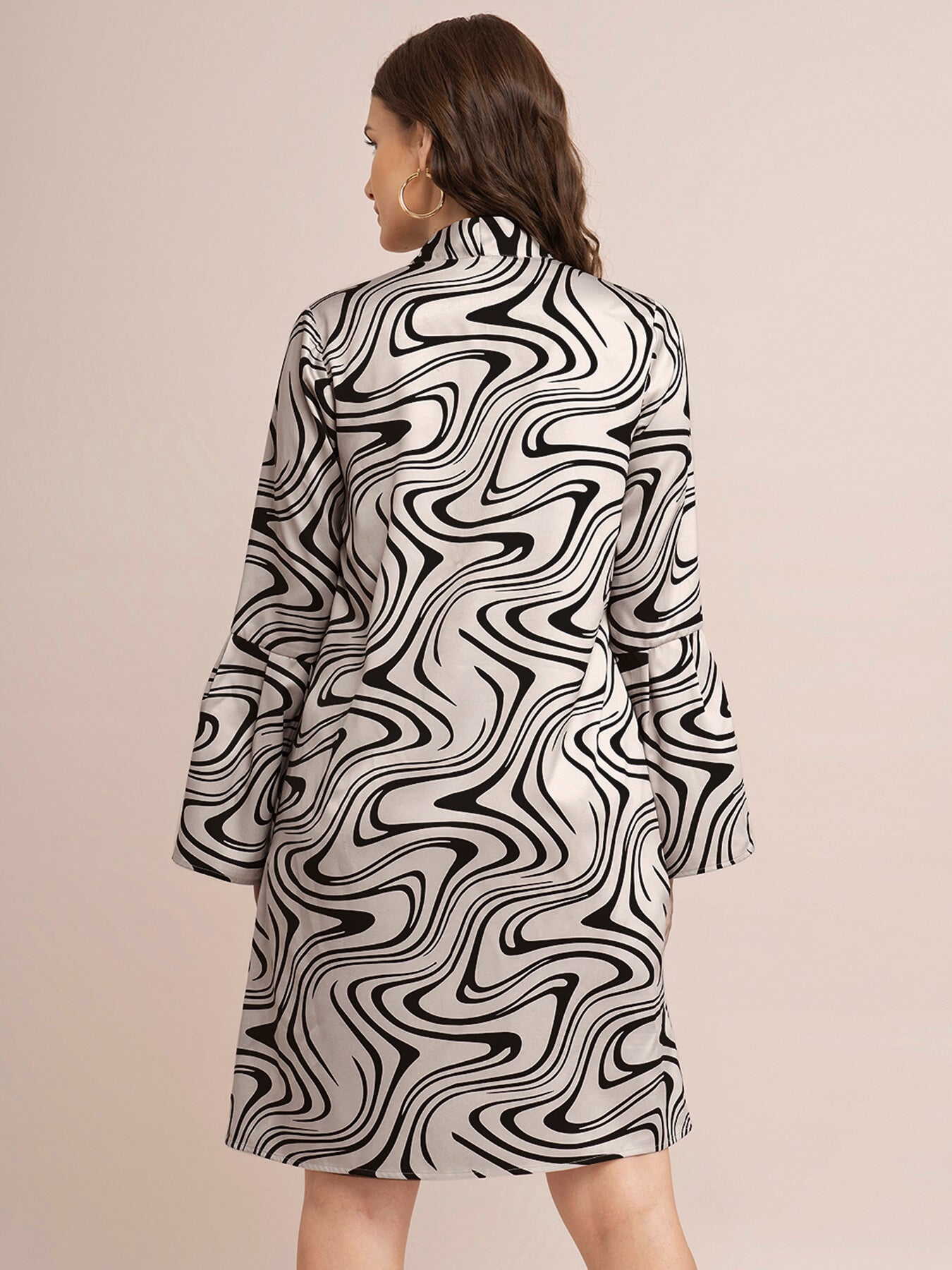 Satin Abstract Print Shift Dress - Beige And Black
