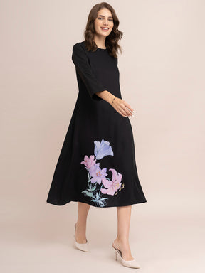 Floral Print A-Line Dress - Black