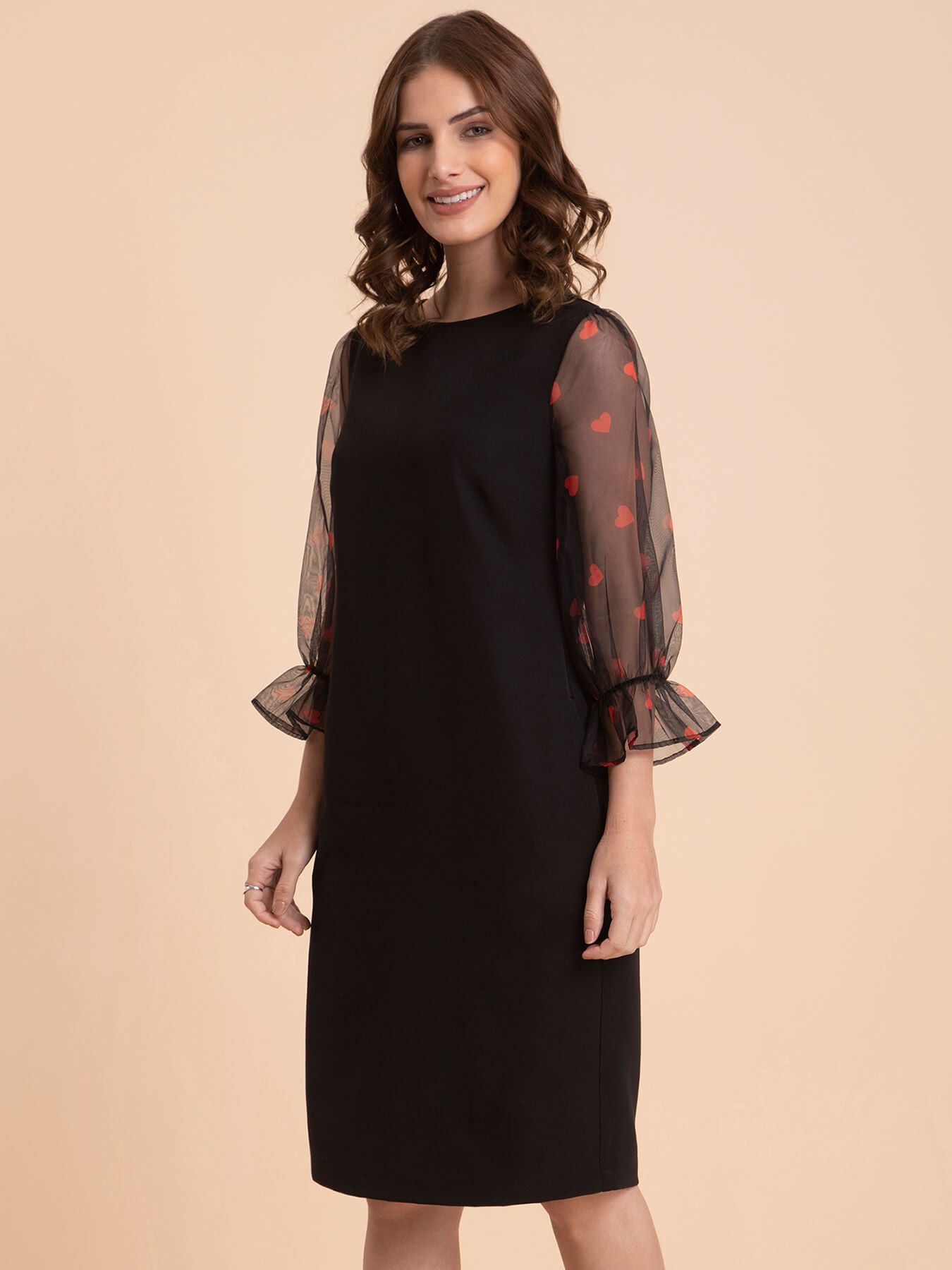 Organza Ruffle Sleeves Dress - Black