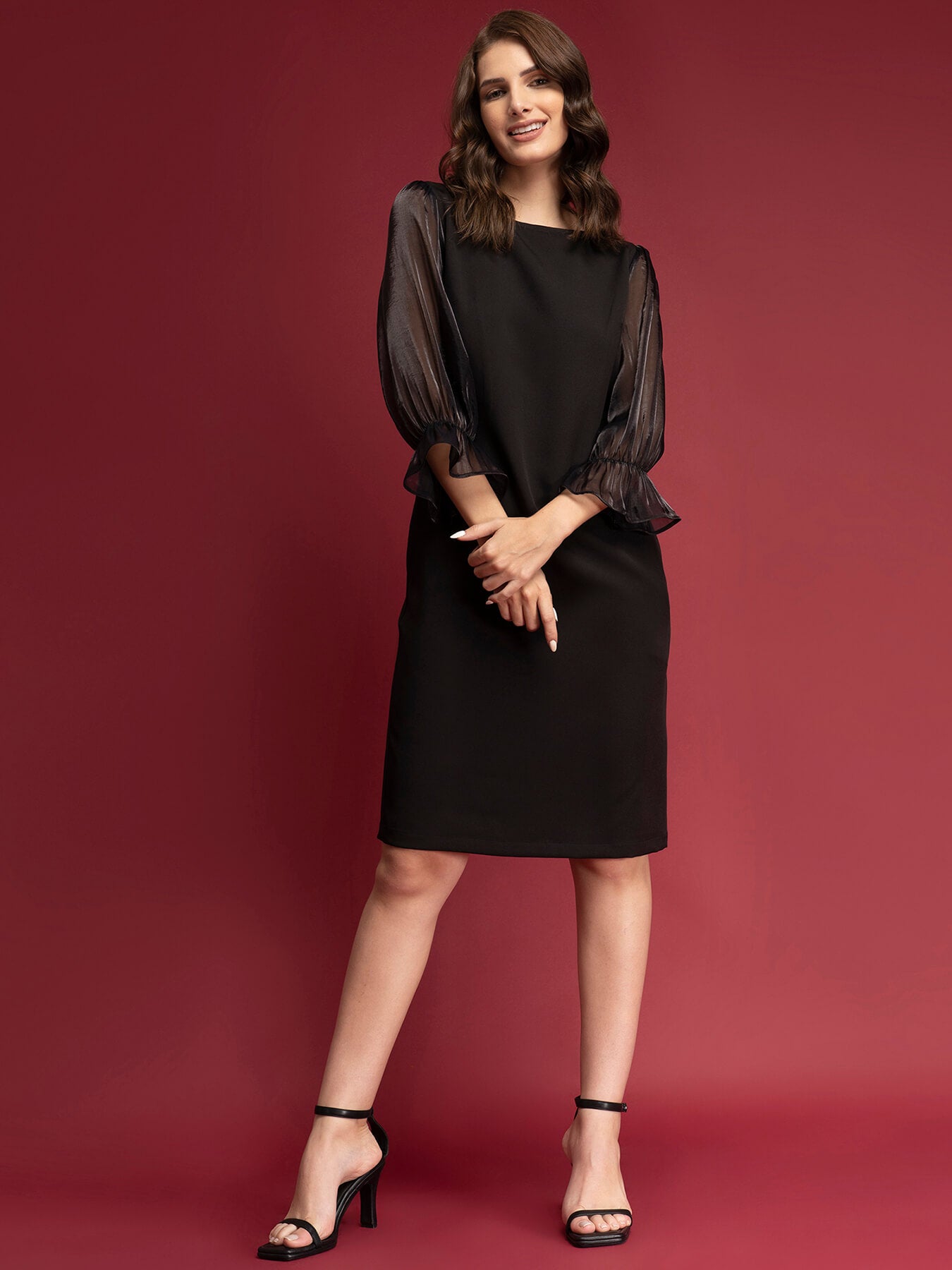 Ruffle Sleeve Shift Dress- Black