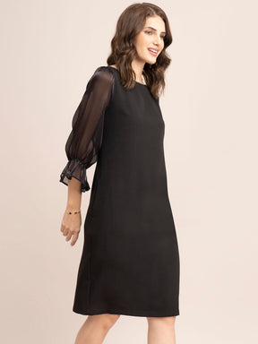 Ruffle Sleeve Shift Dress- Black