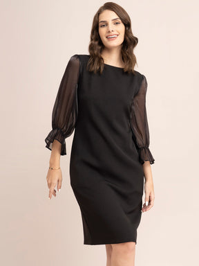 Ruffle Sleeve Shift Dress- Black