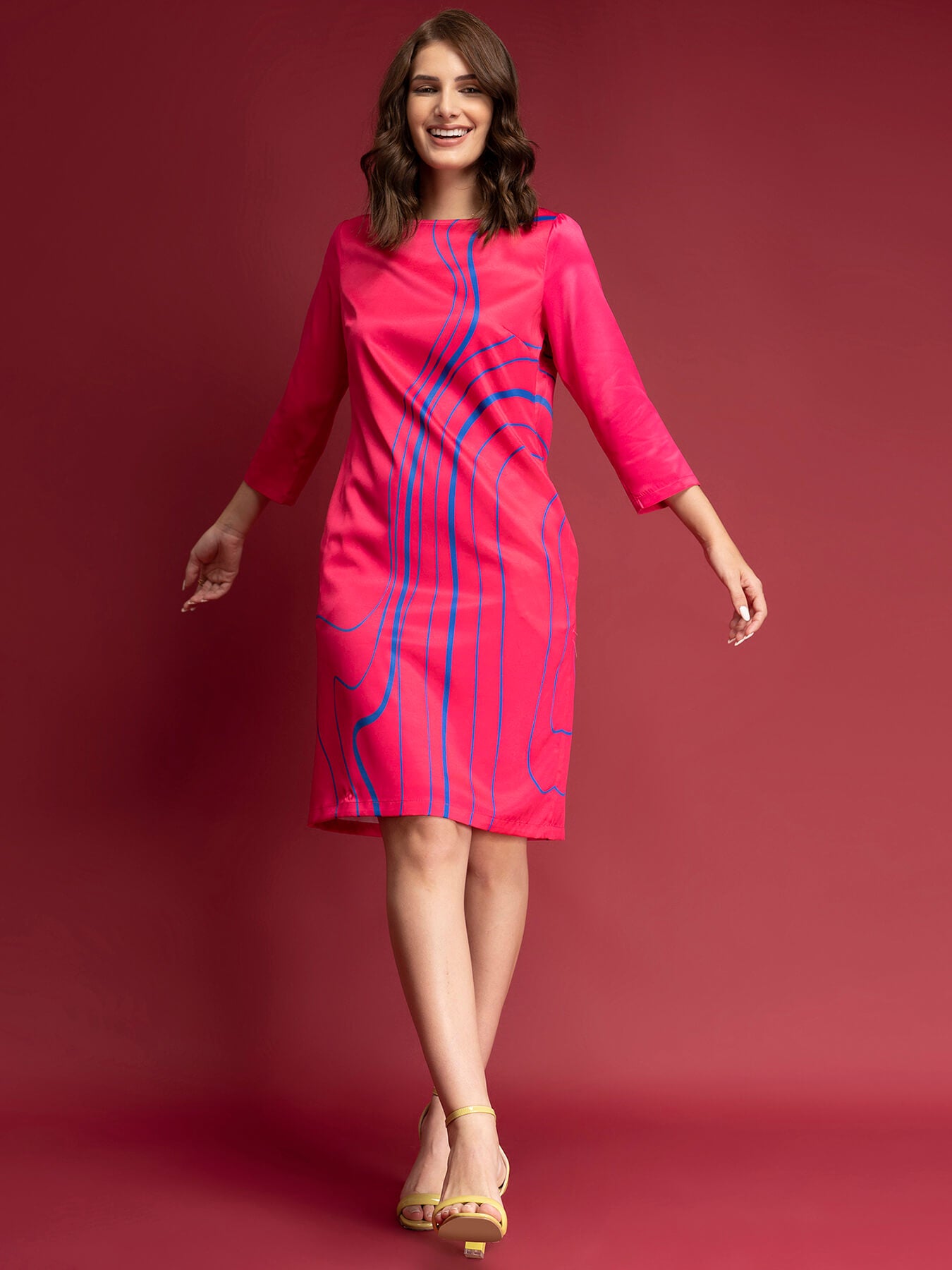 Satin Placement Print Shift Dress - Fuchsia And Blue