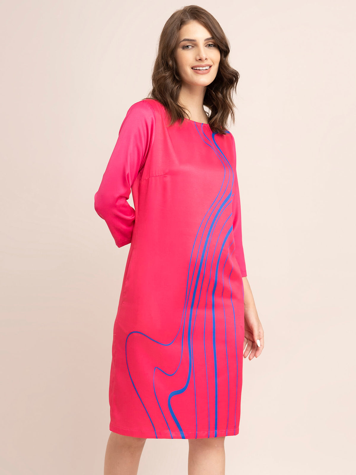 Satin Placement Print Shift Dress - Fuchsia And Blue