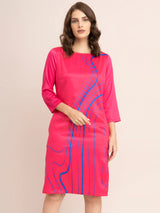 Satin Placement Print Shift Dress - Fuchsia And Blue