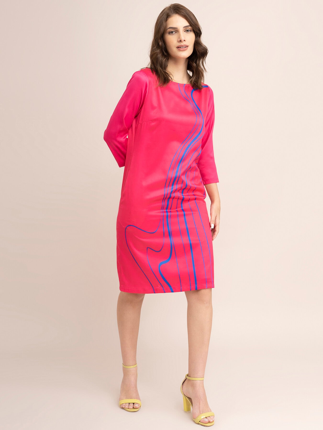 Satin Placement Print Shift Dress - Fuchsia And Blue