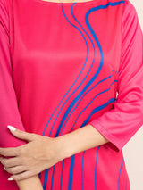 Satin Placement Print Shift Dress - Fuchsia And Blue