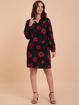 Floral Print Shift Dress - Black And Red