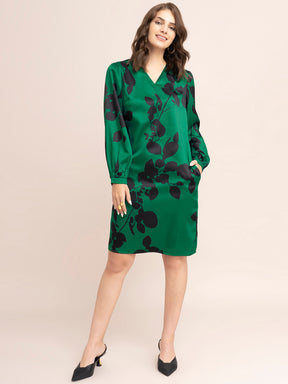 Satin Floral Print Shift Dress - Green And Black