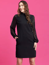 High Neck Sequin Sleeves Shift Dress - Black