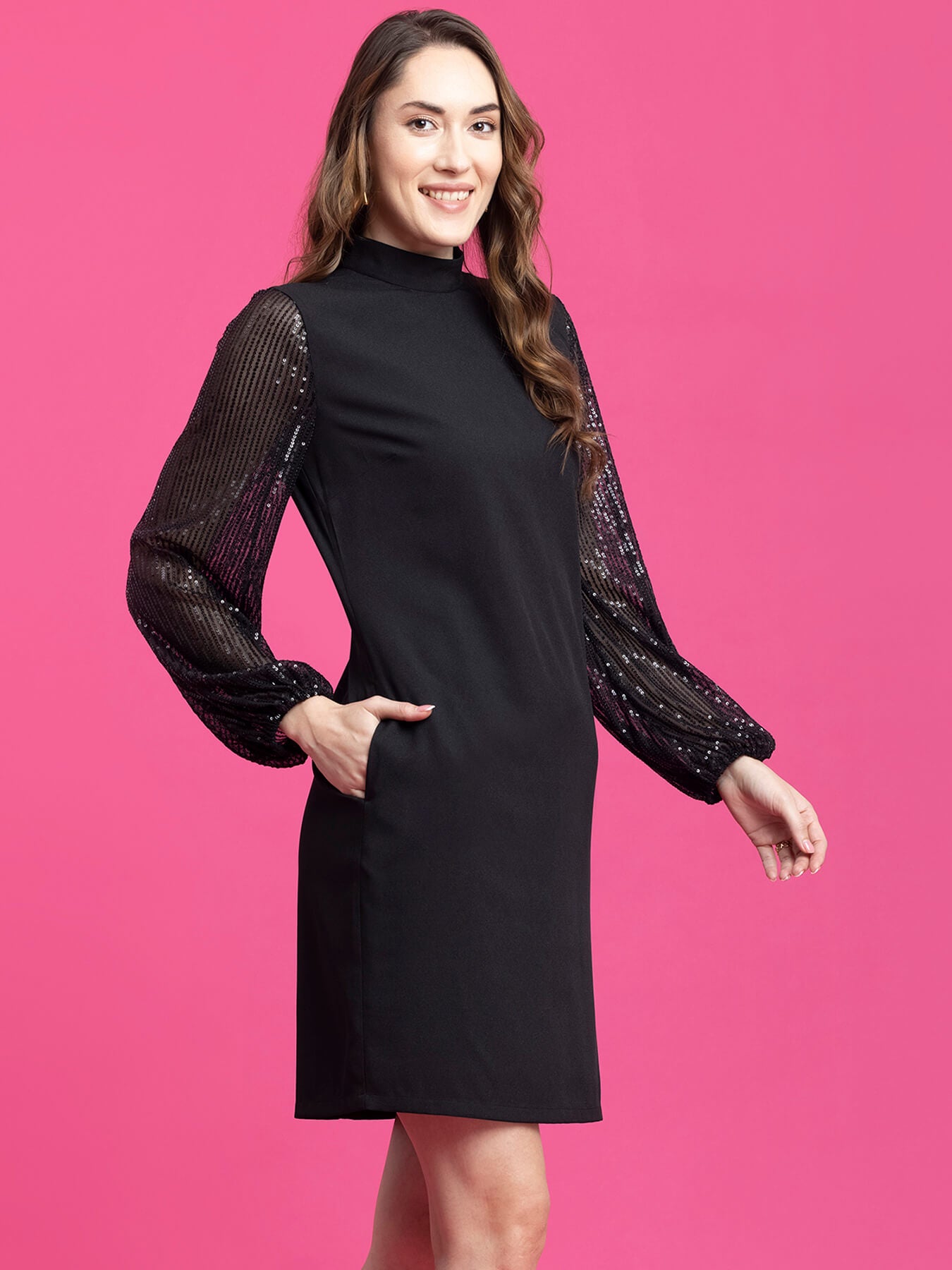 High Neck Sequin Sleeves Shift Dress - Black