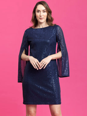 Sequin Slit Sleeves Shift Dress - Navy Blue