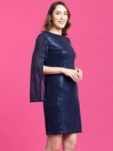 Sequin Slit Sleeves Shift Dress - Navy Blue