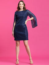 Sequin Slit Sleeves Shift Dress - Navy Blue