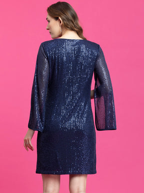 Sequin Slit Sleeves Shift Dress - Navy Blue