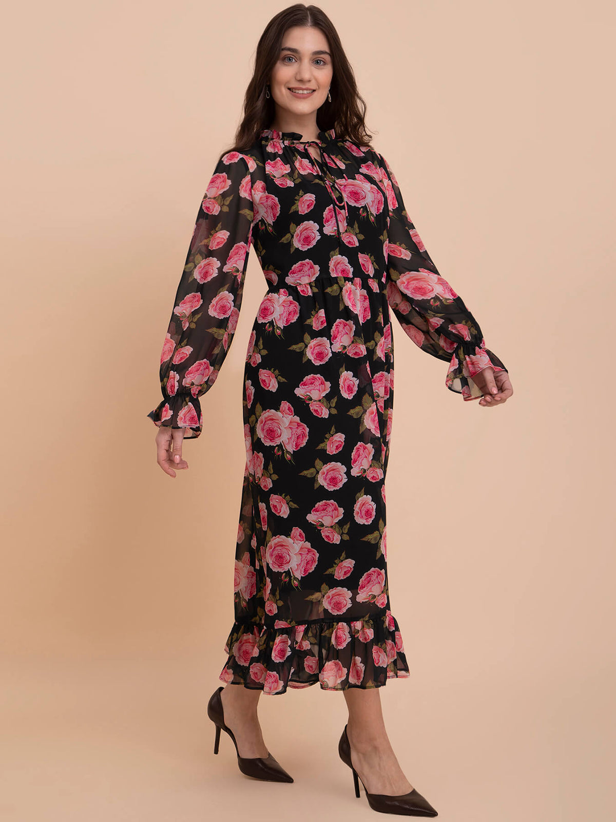 Floral Print A-Line Midi Dress - Black and Pink