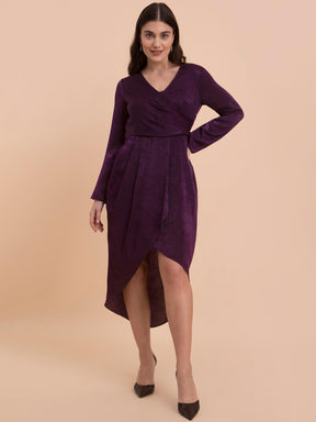 Satin Draped Detail A-Line Dress - Purple