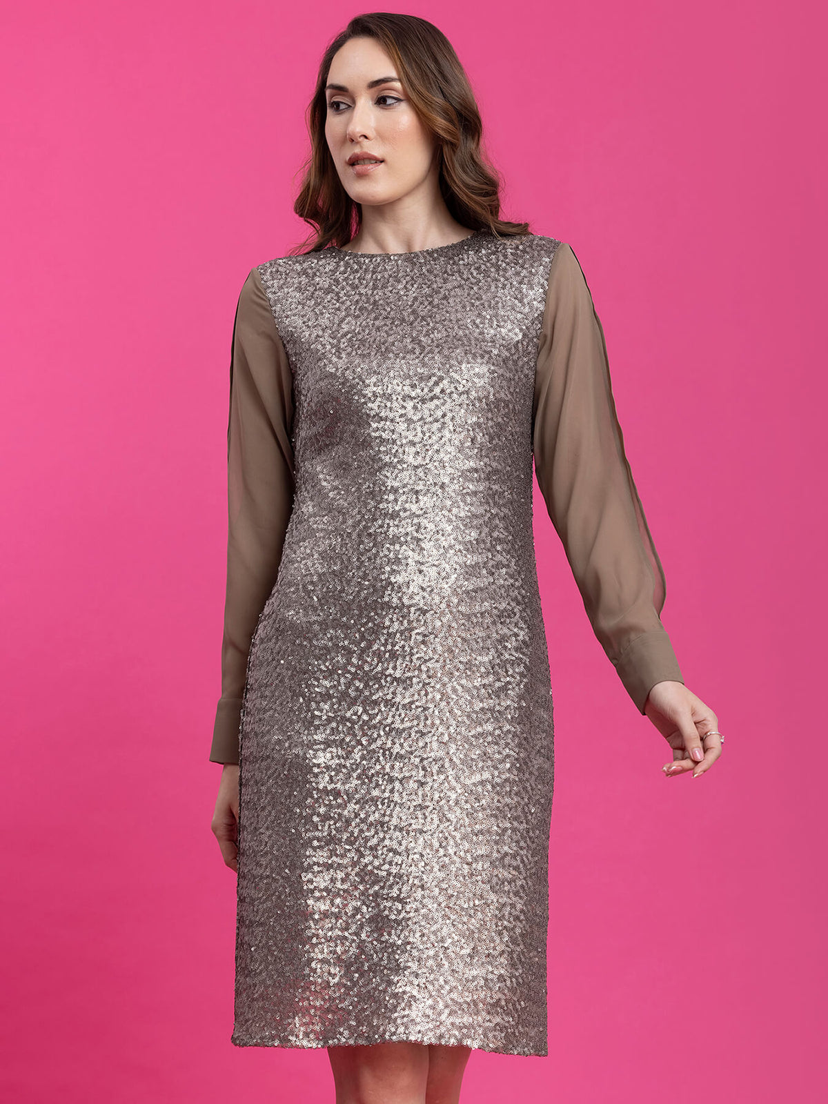 Sequin Slit Sleeves Shift Dress - Golden