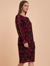 Georgette Boat Neck Shift Dress - Red And Black