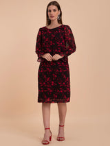 Georgette Boat Neck Shift Dress - Red And Black