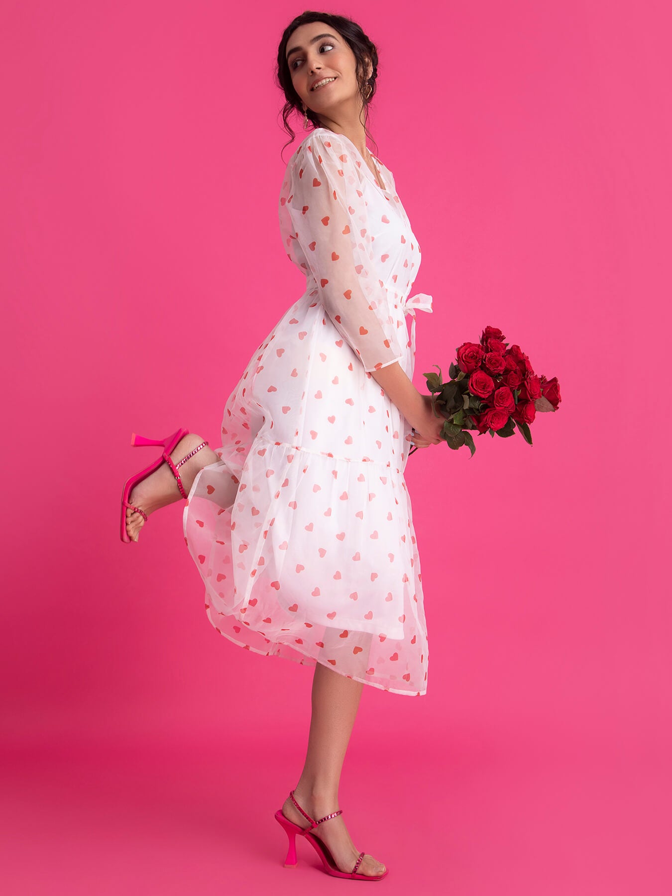 Organza Heart Print Tier Dress - White And Red